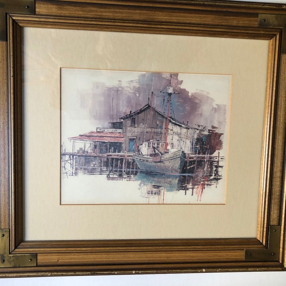Old village water front scene framed print wall art home decor